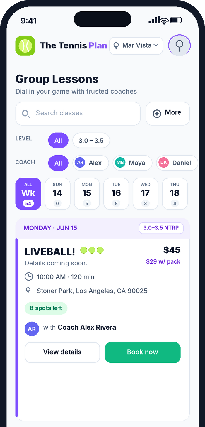 The Tennis Plan app screen
