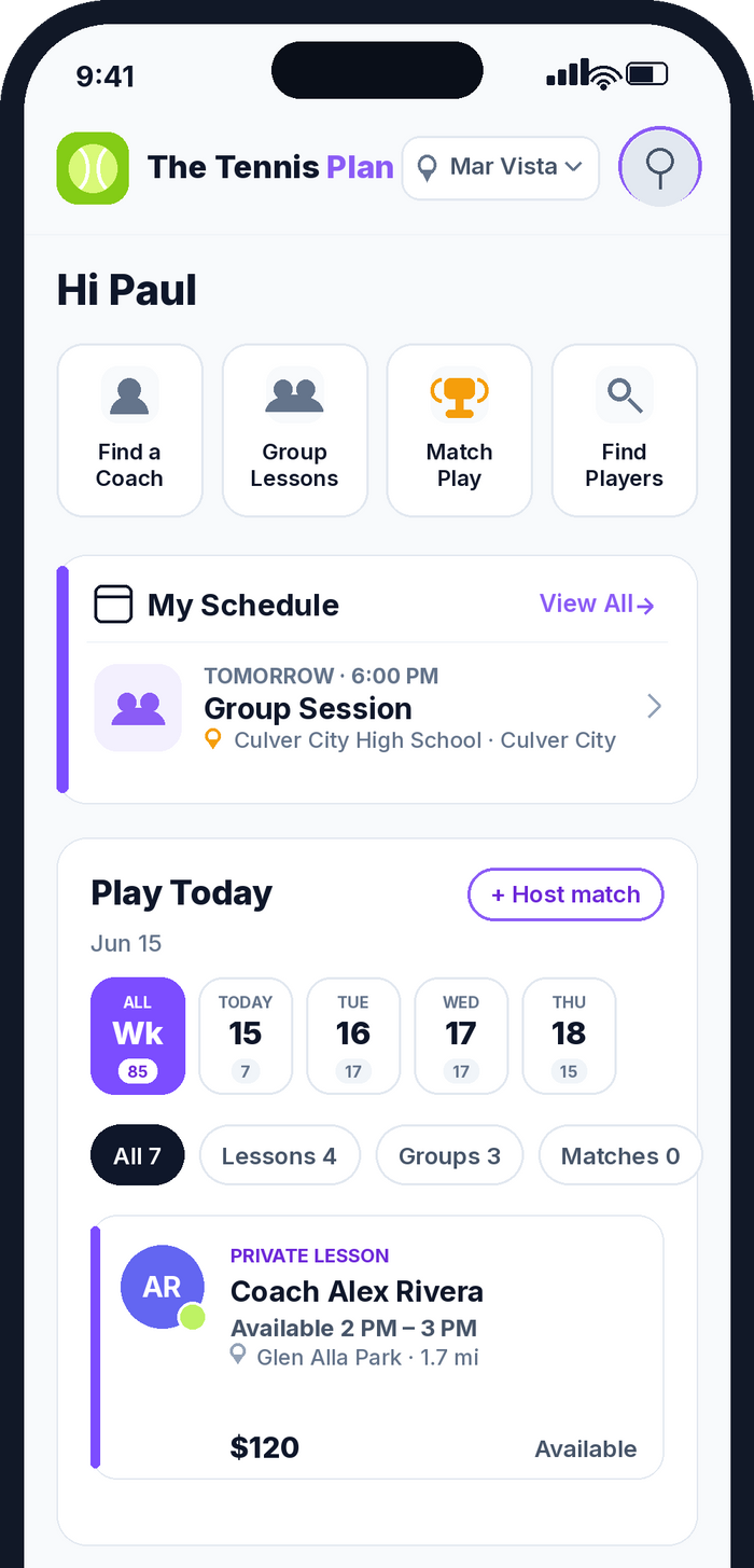 The Tennis Plan app screen
