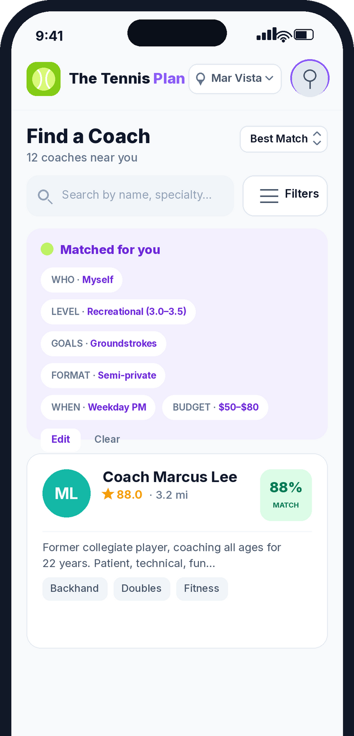 The Tennis Plan app screen
